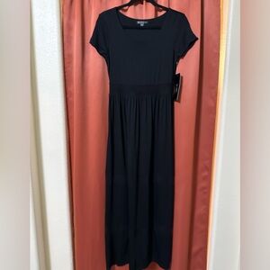 NWT Spense Black Short Sleeve Jersey Knit Maxi Dress With Sheer Stripes Petite S